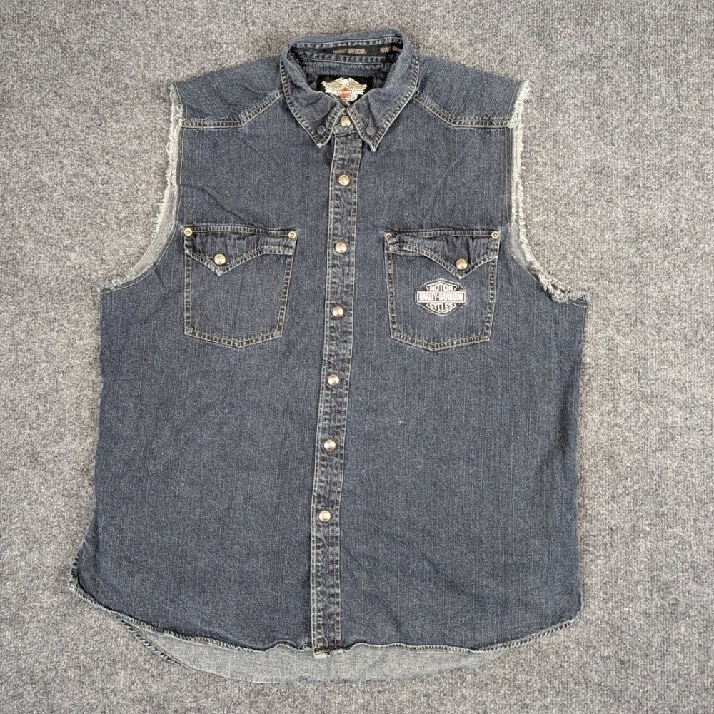 Harley-Davidson Mens XL Blue Denim Sleeveless Eagle Biker Shirt 96134-06VM